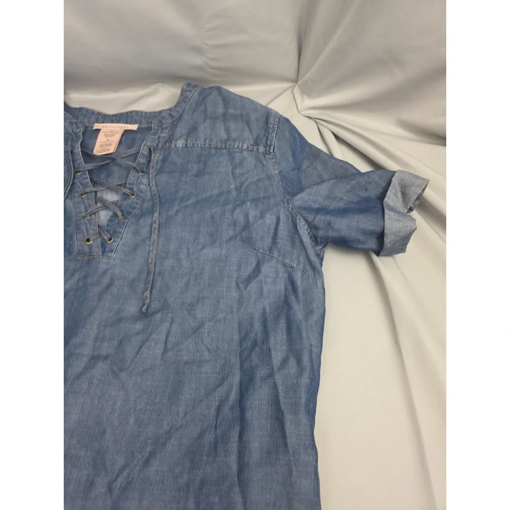 Philosophy Women's Dress Chambray Tunic Style Shirt Dress Lace Up XL Tencel